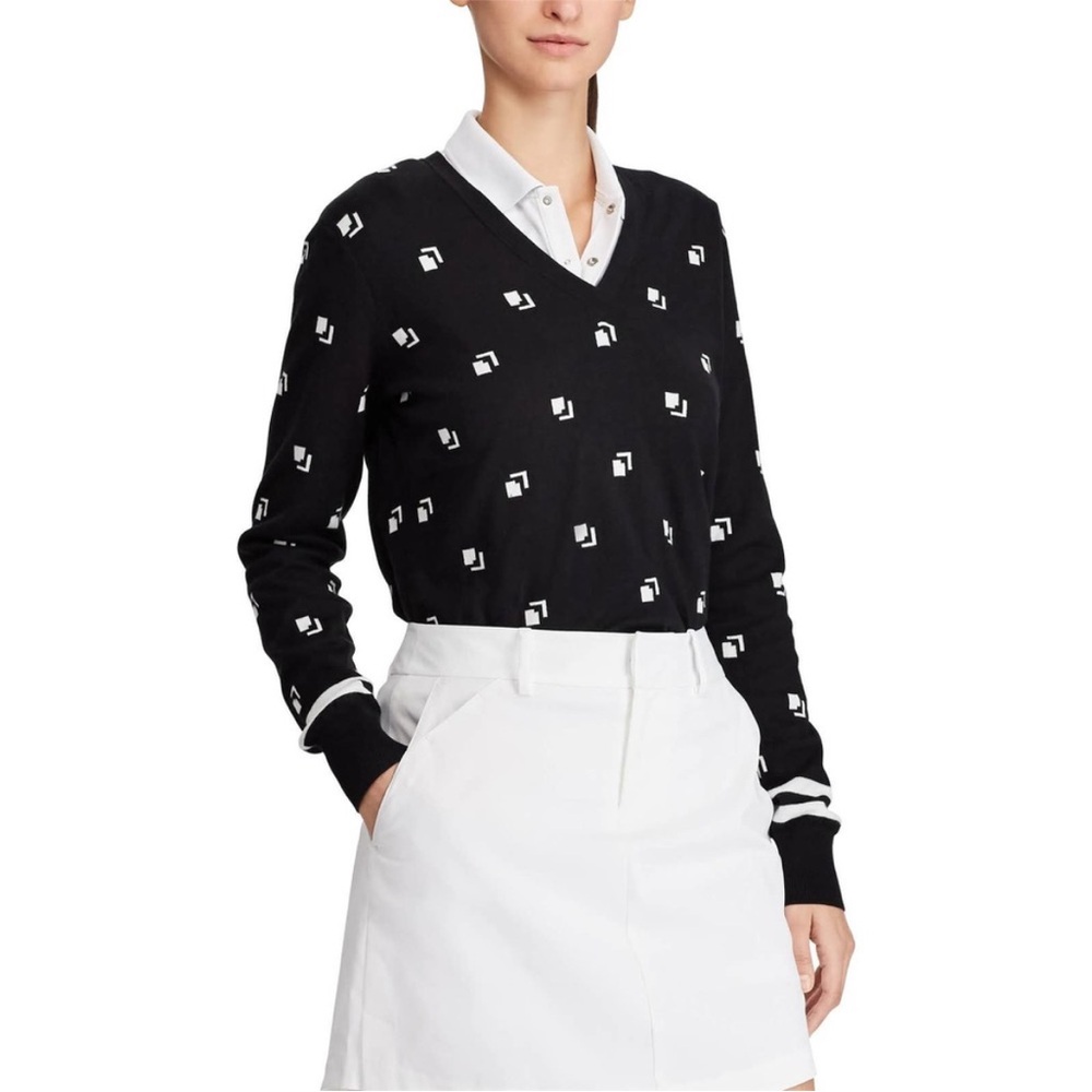 Polo Golf Ralph Lauren‎ Large V-Neck Pullover Sweater Black Whit Print Cotton